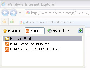 Barra de herramientas de Internet Explorer 7 en la que se muestra el centro de Favoritos y aparece resaltado el icono de informaciones RSS