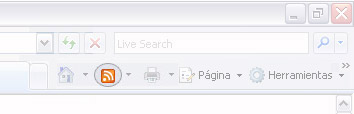 Barra de herramientas de Internet Explorer 7 en la que se muestra el centro de Favoritos y aparece resaltado el icono de informaciones RSS