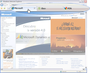 Una sola ventana de explorador en Internet Explorer 7 con pestaas para la visualizacin de varios sitios