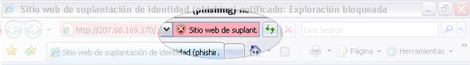 Barra de herramientas de Internet Explorer 7 en la que se muestra el bloqueo de un sitio Web de 